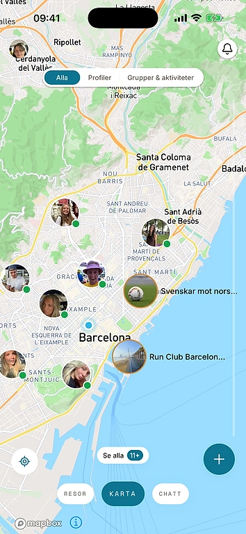 Skärmbild ur appen: kartan över Barcelona med skandinaver och grupper i närheten