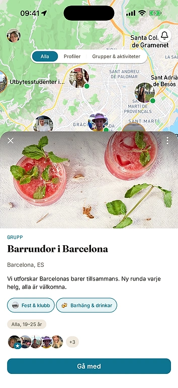 Skärmbild ur appen: gruppen Barrundor i Barcelona med beskrivning, taggar och medlemmar